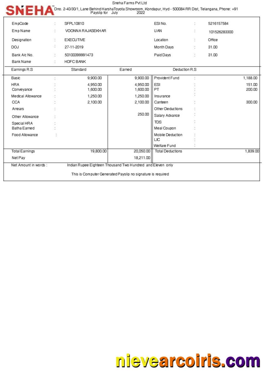 Sneha Farms payslip